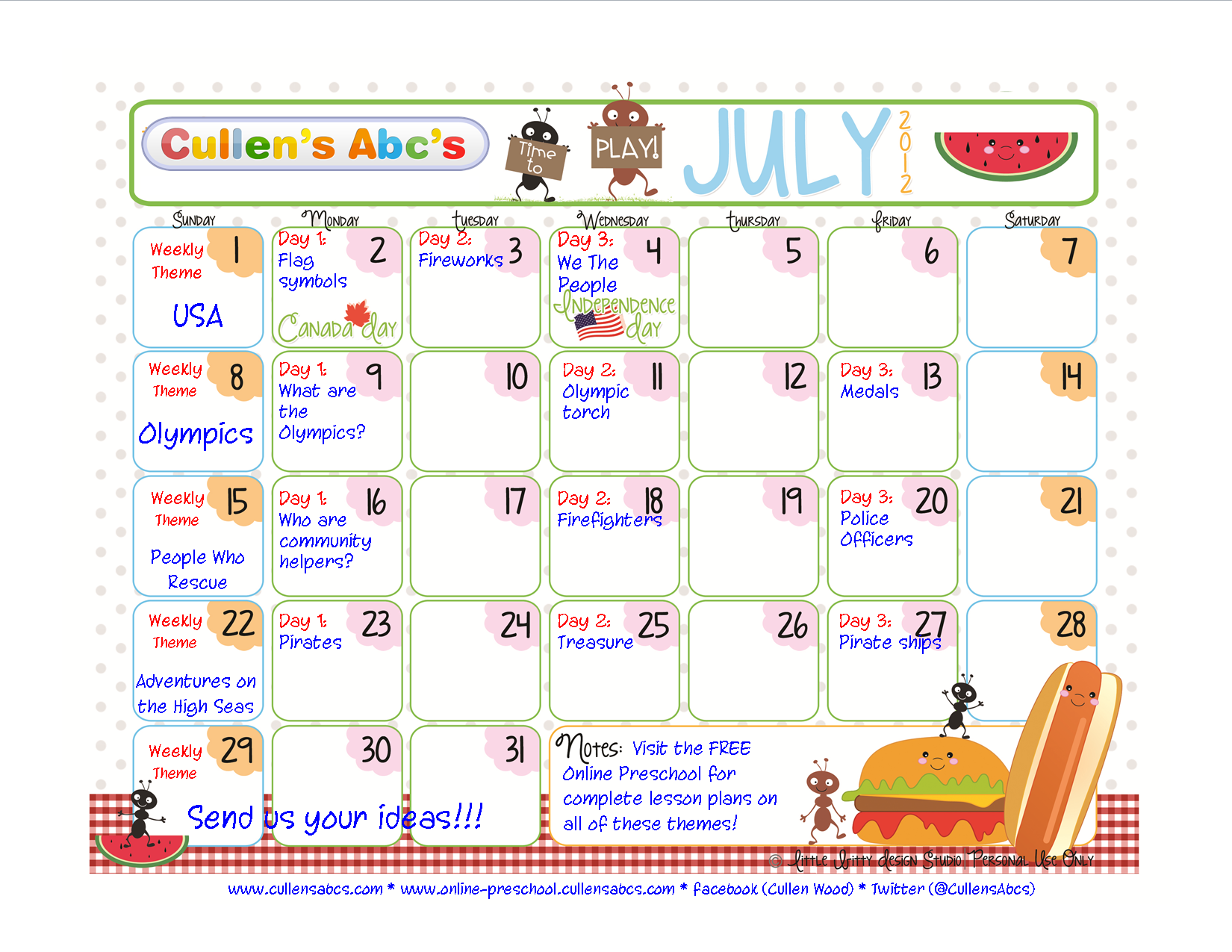 July Calendar Christian Children Activities Online Preschool and